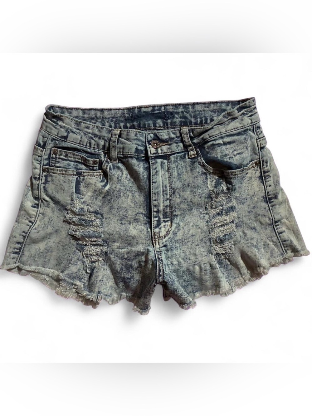 High-Rise Distressed Acid-Wash Jean Shorts - Blue